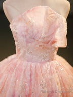 Pink Flower Long Princess Dress, Pink Strapless Formal Prom Dress