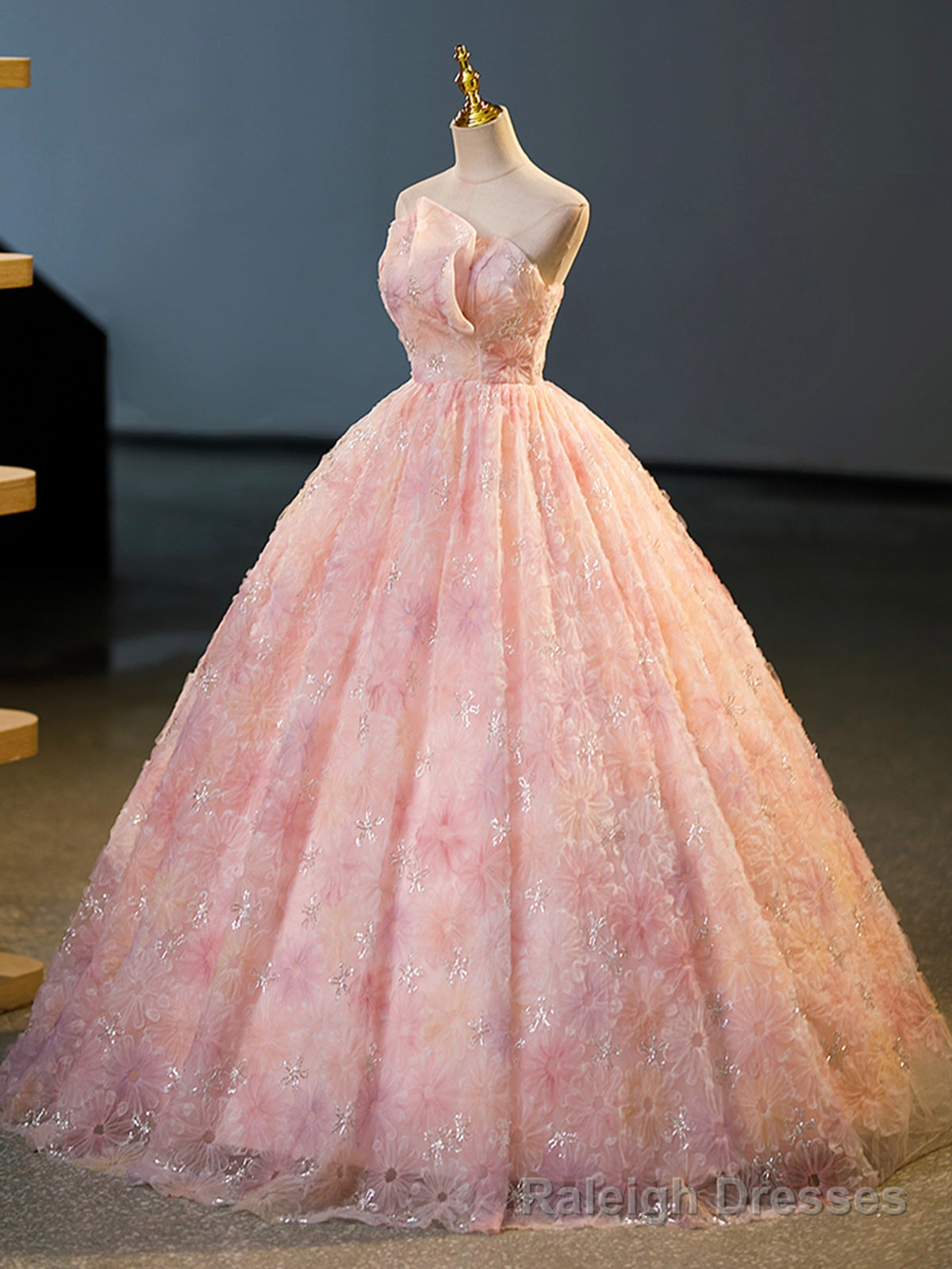 Pink Flower Long Princess Dress, Pink Strapless Formal Evening Dress Main image