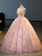 Pink Flower Long Princess Dress, Pink Strapless Formal Evening Dress