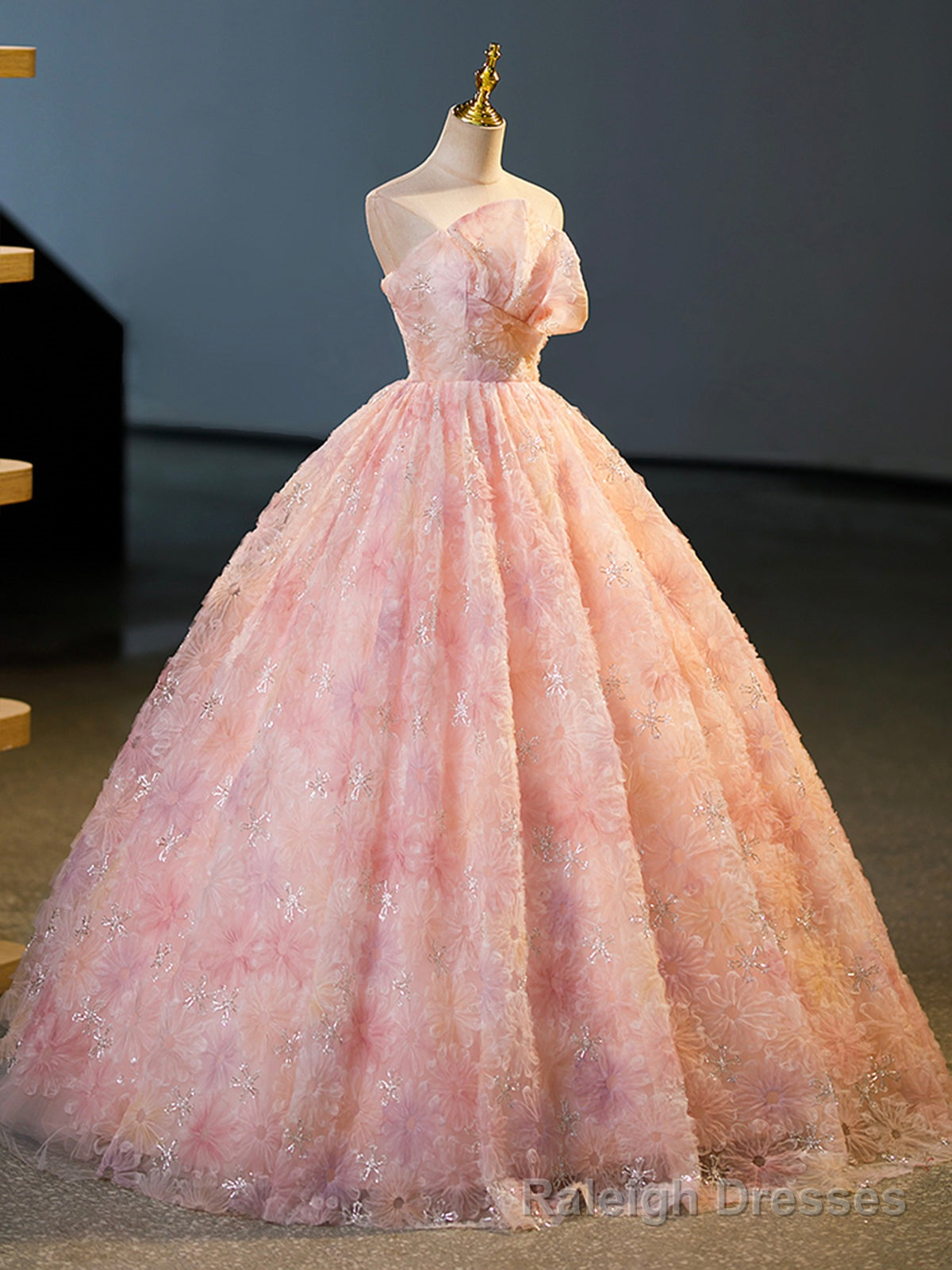 Pink Flower Long Princess Dress, Pink Strapless Formal Prom Dress