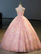 Pink Flower Long Princess Dress, Pink Strapless Formal Prom Dress