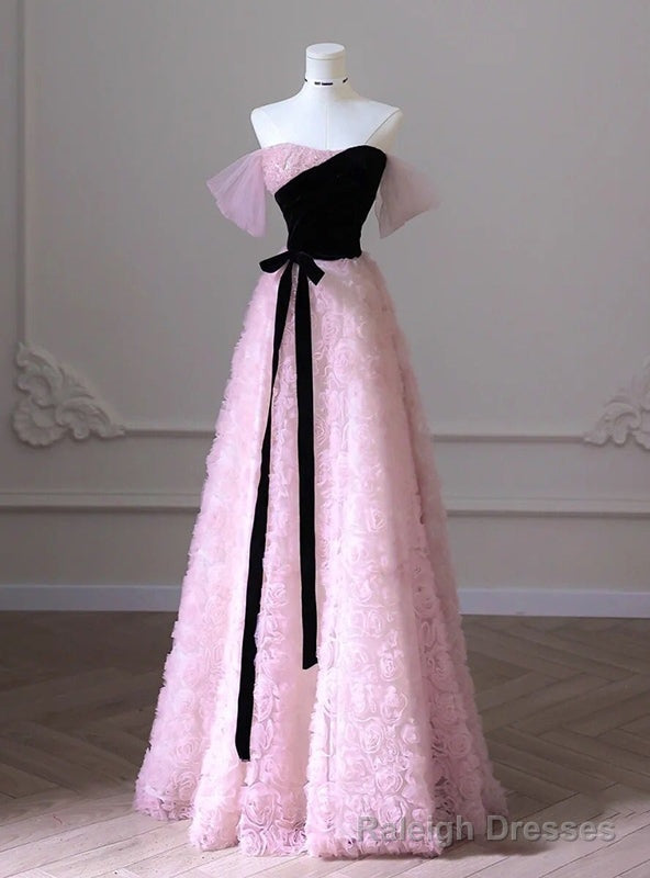 Pink Flower Strapless Black Velvet Prom Dress Main image