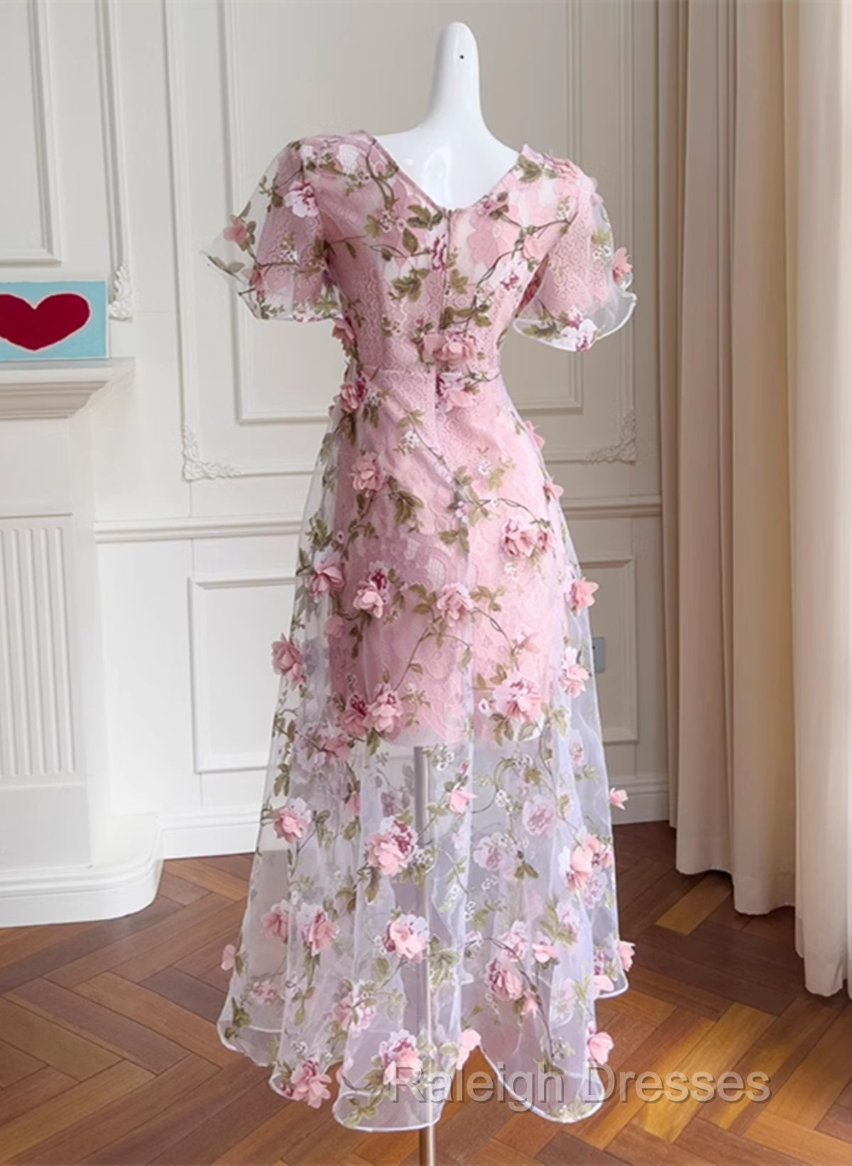Pink Flowers Lace Short Sleeves Prom Dresses Pink 3D Flowers Prom Dresses