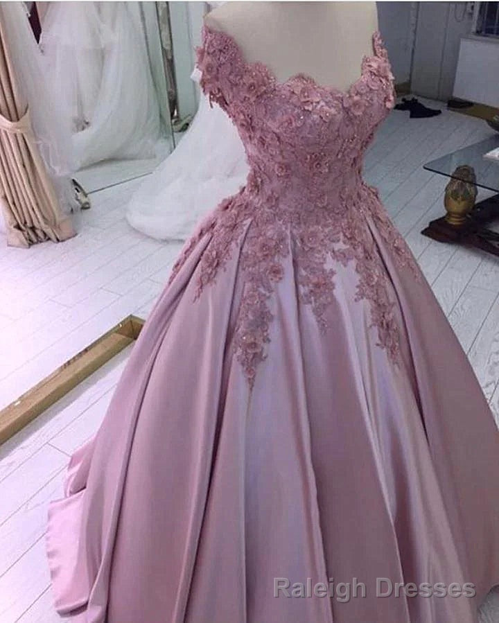 Pink Flowers Off Shoulder Satin Ball Gowns Prom Dress, Pink Prom Dress