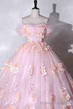 Pink Flowers Sweetheart Ball Gowns Formal Dresses, Pink Long Sweet 16 Dresses