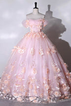 Pink Flowers Sweetheart Ball Gowns Formal Dresses, Pink Long Sweet 16 Dresses