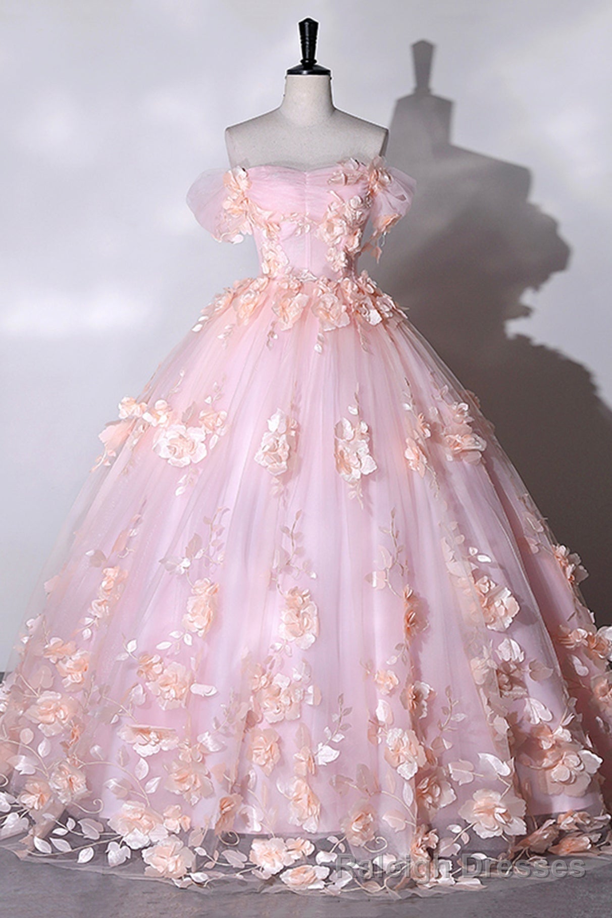 Pink Flowers Sweetheart Ball Gowns Formal Dresses, Pink Long Sweet 16 Dresses