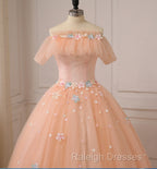 Pink Flowers Tulle Off Shoulder Party Dress, Pink Tulle Sweet 16 Dress
