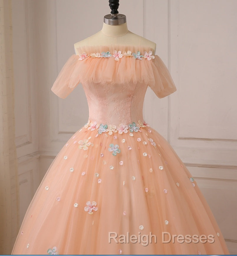 Pink Flowers Tulle Off Shoulder Prom Dresses Pink Tulle Sweet 16 Dresses