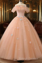 Pink Flowers Tulle Off Shoulder Party Dress, Pink Tulle Sweet 16 Dress