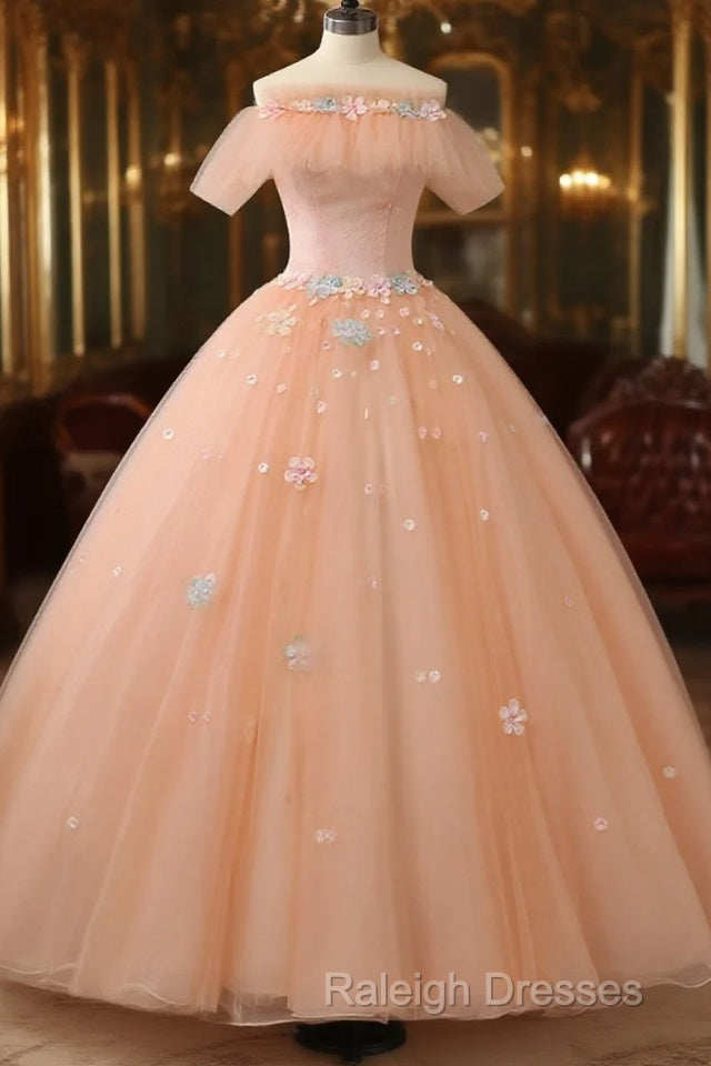 Pink Flowers Tulle Off Shoulder Party Dress, Pink Tulle Sweet 16 Dress
