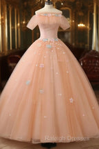 Pink Flowers Tulle Off Shoulder Prom Dresses Pink Tulle Sweet 16 Dresses