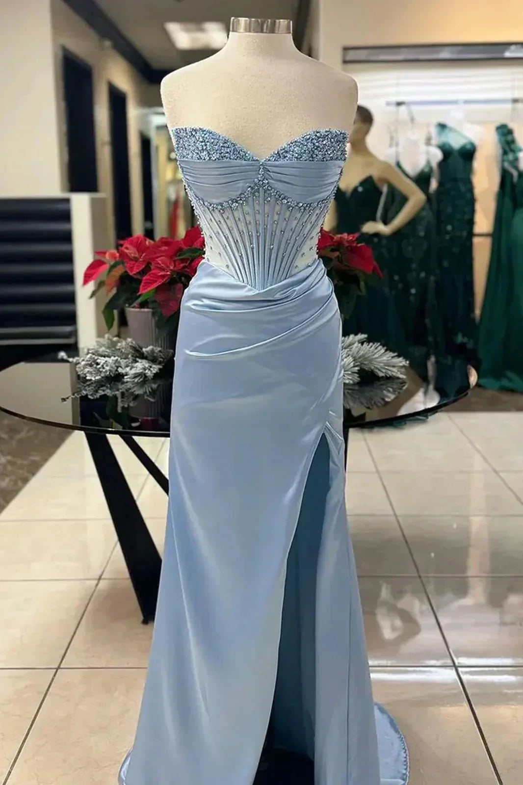 Pink/Green/Blue Gorgeous Shiny Exquisite Beaded Long Slit Elegant Sexy Prom Dress Evening Dress Party Dress