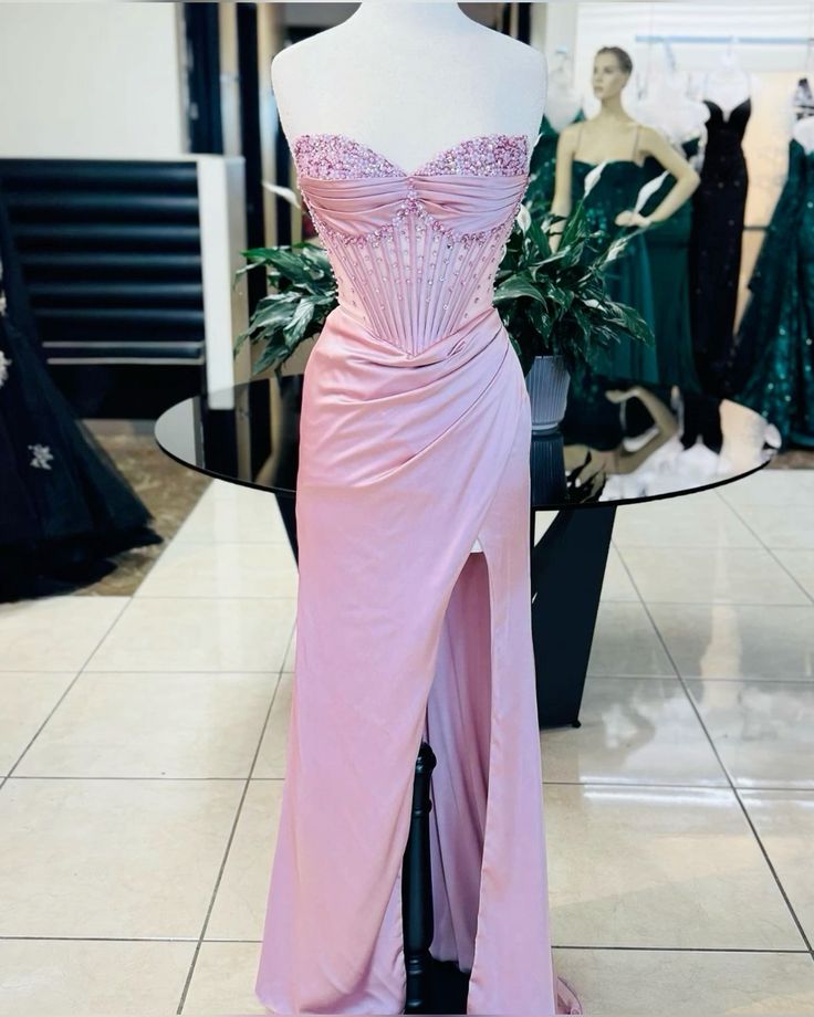 Pink/Green/Blue Gorgeous Shiny Exquisite Beaded Long Slit Elegant Sexy Prom Dress Evening Dress Party Dress Main image