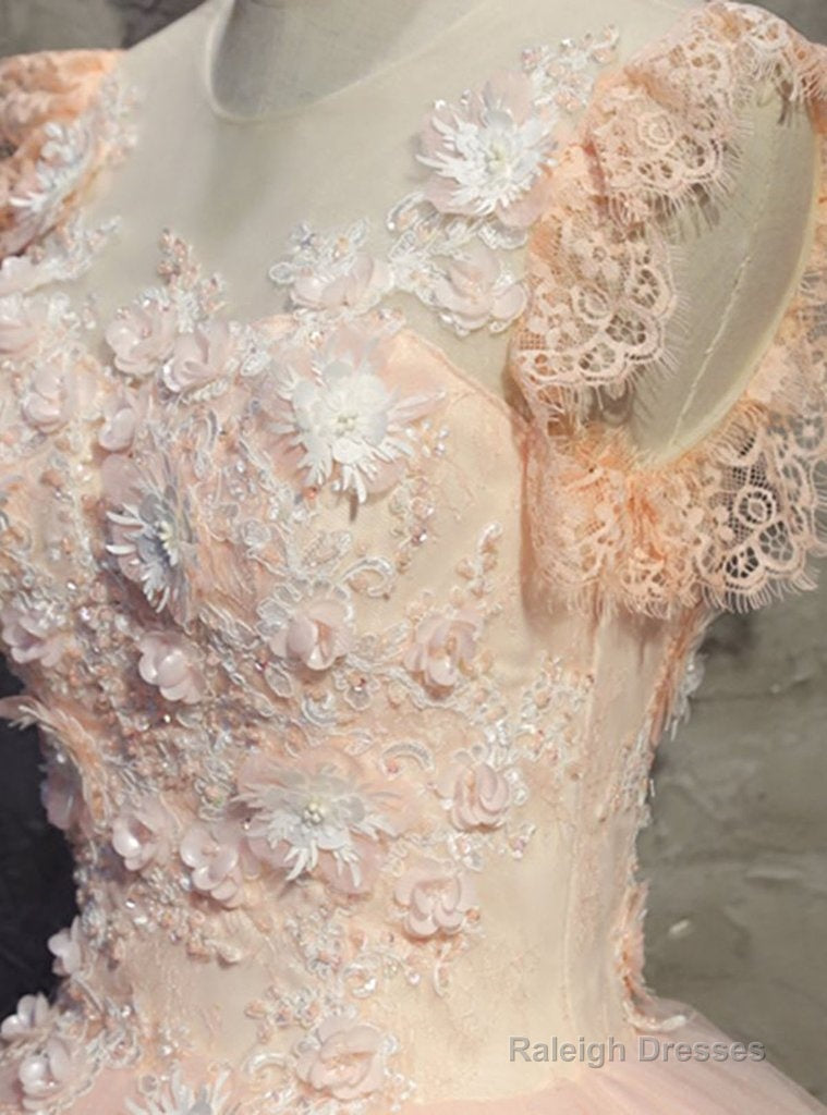 Pink Gorgeous Tulle And Lace Cap Sleeves Sweet 16 Dresses, Pink Formal Gown Secondary image