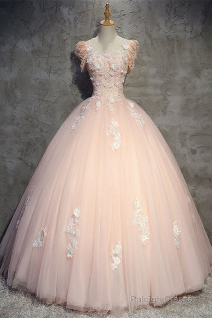 Pink Gorgeous Tulle And Lace Cap Sleeves Sweet 16 Dresses, Pink Formal Gown