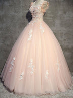 Pink Gorgeous Tulle And Lace Cap Sleeves Sweet 16 Dresses, Pink Formal Gown