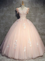 Pink Gorgeous Tulle And Lace Cap Sleeves Sweet 16 Dresses, Pink Formal Gown