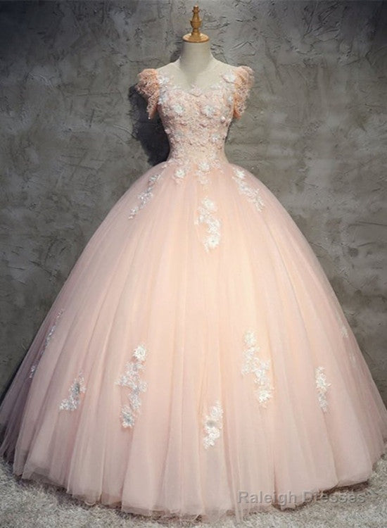 Pink Gorgeous Tulle And Lace Cap Sleeves Sweet 16 Dresses, Pink Formal Gown