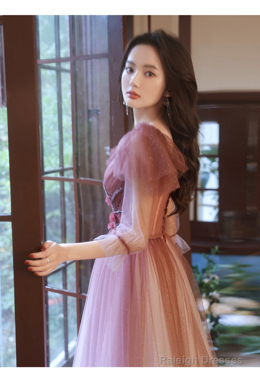 Pink Gradient Tulle A-Line Puffy Sleeves Prom Dresses Pink Long Prom Dresses