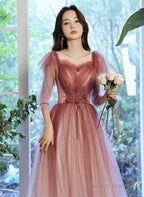 Pink Gradient Tulle A-Line Puffy Sleeves Prom Dresses Pink Long Prom Dresses
