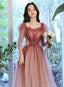 Pink Gradient Tulle A-Line Puffy Sleeves Prom Dresses Pink Long Prom Dresses