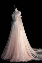 Pink Gradient Tulle Long A Line Prom Dress, Long Sleeve Prom Prom Dress
