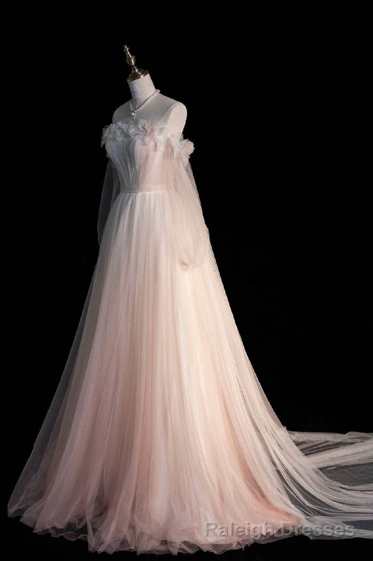 Pink Gradient Tulle Long A Line Prom Dress, Long Sleeve Prom Prom Dress