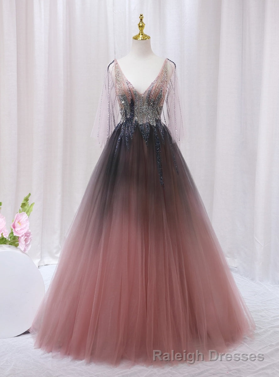 Pink Gray Tulle V Neck Beading Prom Dress