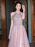 Pink Haler Tulle Beaded A-Line Prom Dress, Pink Tulle Evening Dress Party Dress