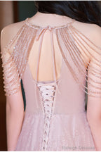 Pink Haler Tulle Beaded A-Line Prom Dress, Pink Tulle Evening Dress Party Dress