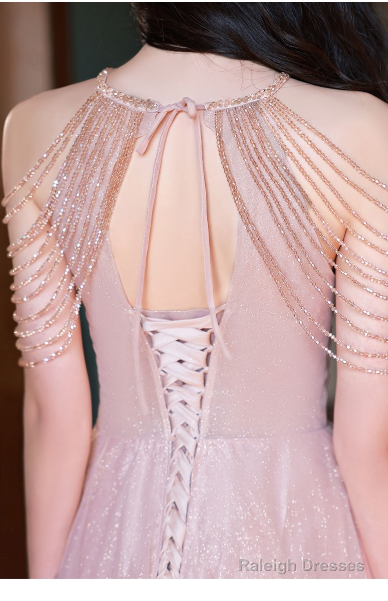 Pink Haler Tulle Beaded A-Line Prom Dress, Pink Tulle Evening Dress Party Dress