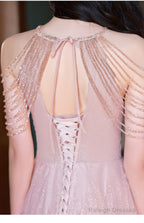 Pink Haler Tulle Beaded A-Line Prom Dresses Pink Tulle Prom Dresseses