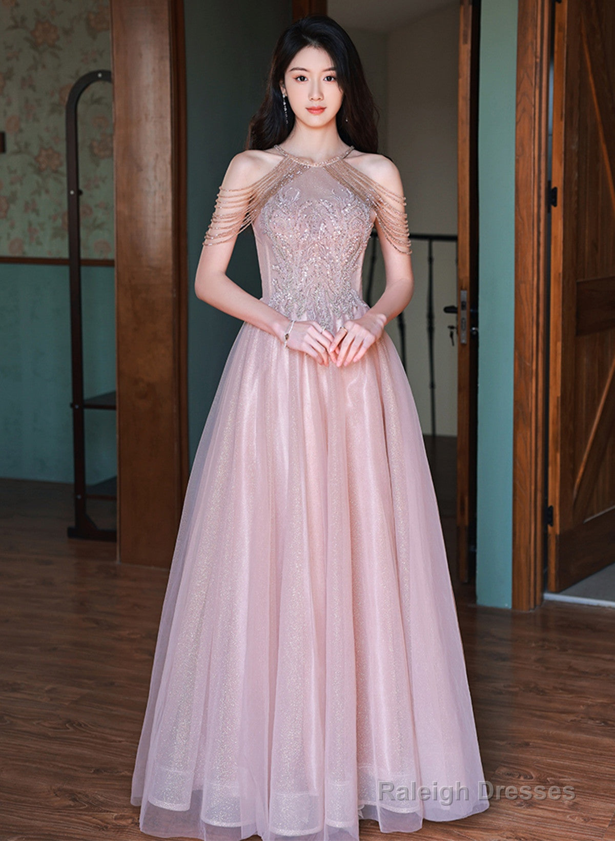 Pink Haler Tulle Beaded A-Line Prom Dress, Pink Tulle Evening Dress Party Dress Main image
