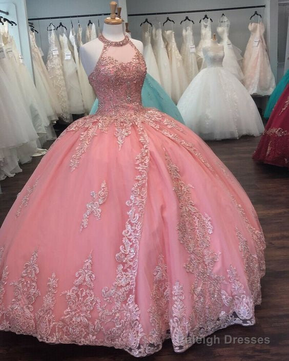 Pink Halter Ball Gown Dress, Lace Prom Dress Main image