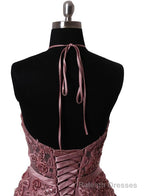 Pink Halter Lace-up Long Formal Gowns, Pink Prom Dresses