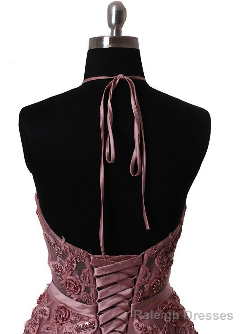 Pink Halter Lace-up Long Formal Gowns, Pink Prom Dresses