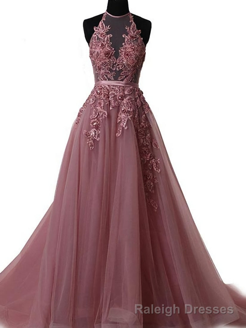 Pink Halter  Lace-up Long Formal Gown, Pink Party Dresses Main image