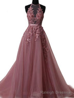 Pink Halter  Lace-up Long Formal Gown, Pink Party Dresses