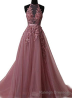Pink Halter Lace-up Long Formal Gowns, Pink Prom Dresses