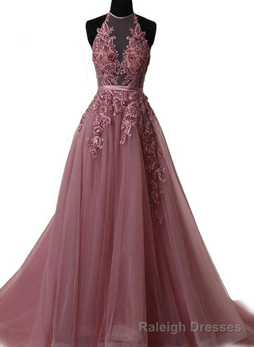 Pink Halter Lace-up Long Formal Gowns, Pink Prom Dresses