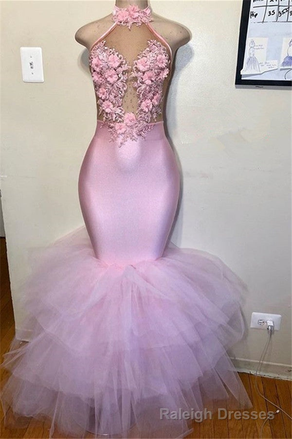 Pink Halter Sleeveless Flower Appliques Tulle Mermaid Prom Prom Gown