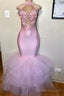 Pink Halter Sleeveless Flower Appliques Tulle Mermaid Prom Prom Gown