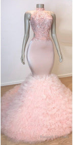 Pink Halter Sleeveless Mermaid Prom Dresses New Arrival Chic Open Back Lace Tulle Prom Gown