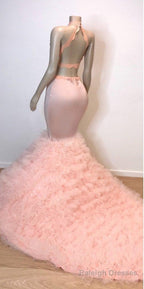 Pink Halter Sleeveless Mermaid Prom Dresses New Arrival Chic Open Back Lace Tulle Prom Gown