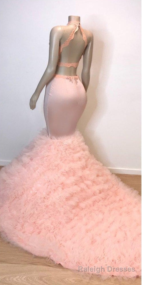 Pink Halter Sleeveless Mermaid Prom Dresses New Arrival Chic Open Back Lace Tulle Prom Gown