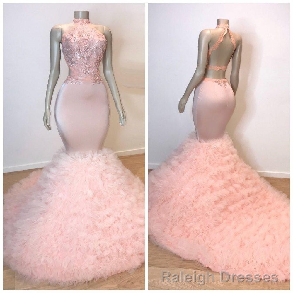 Pink Halter Sleeveless Mermaid Prom Dresses New Arrival Chic Open Back Lace Tulle Prom Gown