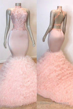 Pink Halter Sleeveless Mermaid Prom Dresses New Arrival Chic Open Back Lace Tulle Prom Gown