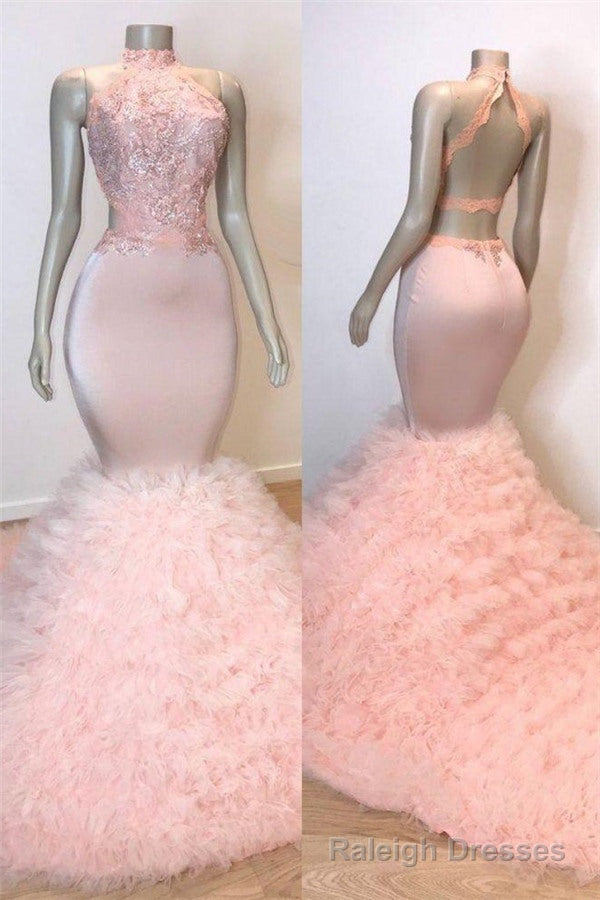 Pink Halter Sleeveless Mermaid Prom Dresses New Arrival Chic Open Back Lace Tulle Evening Gowns Main image