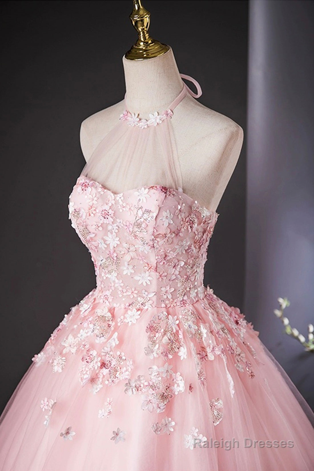 Pink Halter Tulle Flowers Long Prom Dresses Beautiful Backless Prom Dresses